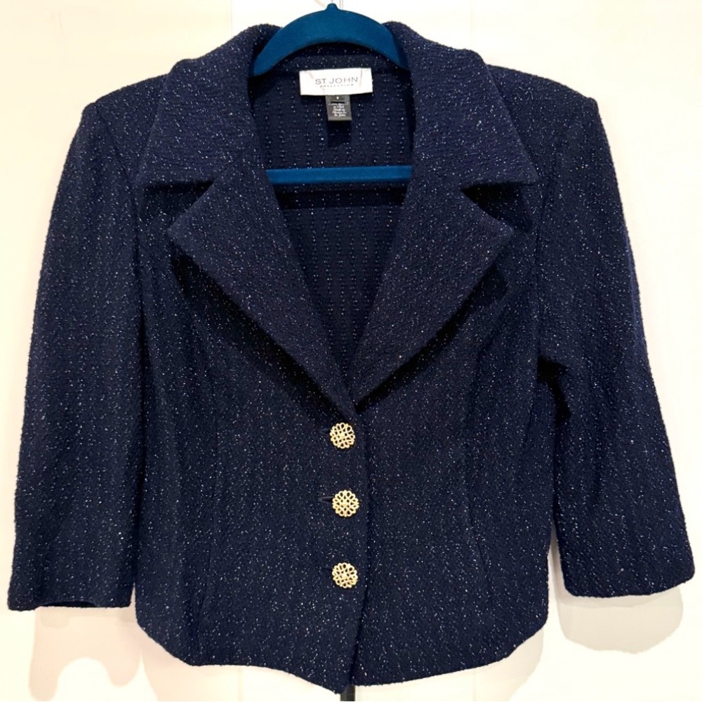 St. John Collection Blue Tweed Jacket Blazer with Metallic Accents in Size 8